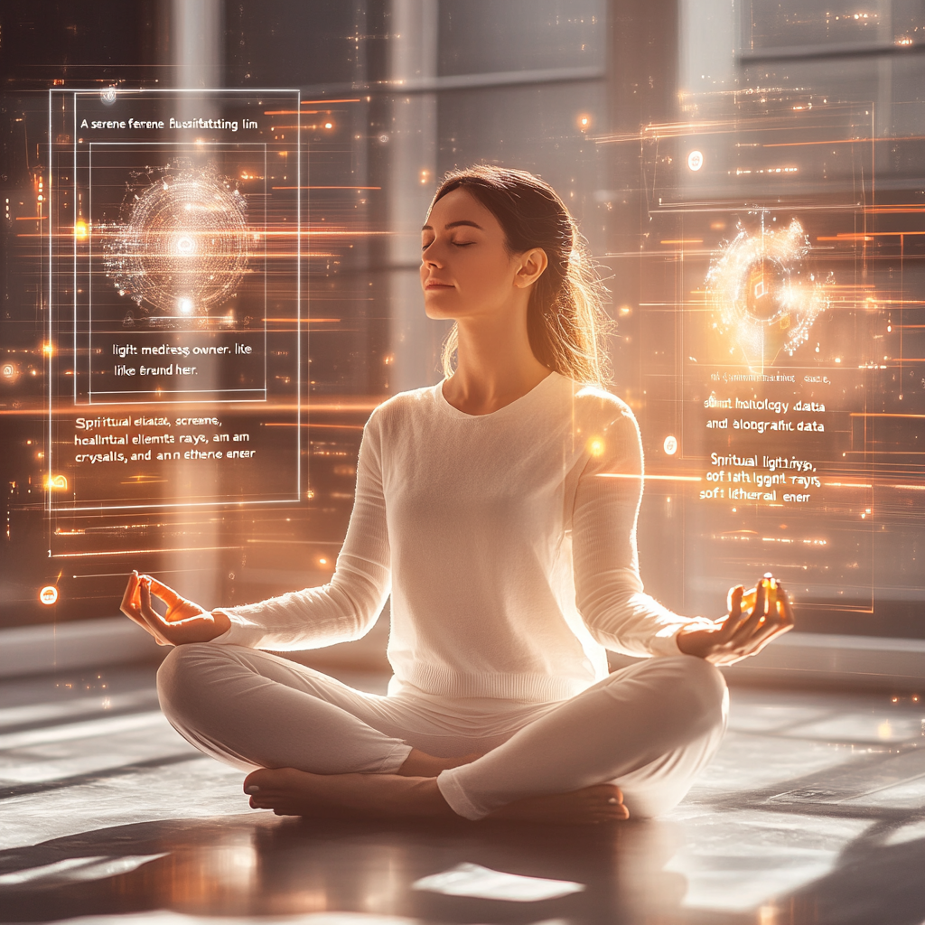 Female entrepreneur meditating surrounded by technology and spirituality.