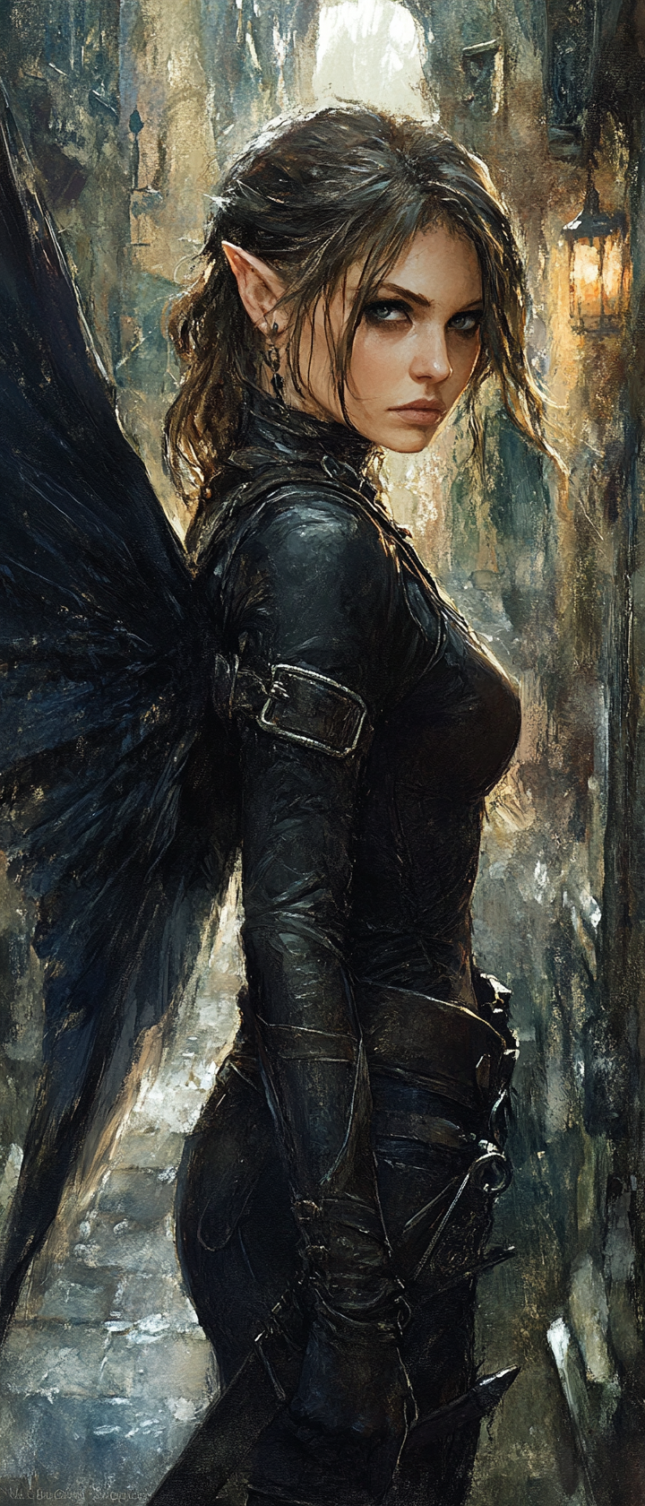 Female fairy rogue, dark leather armor, eerie setting.