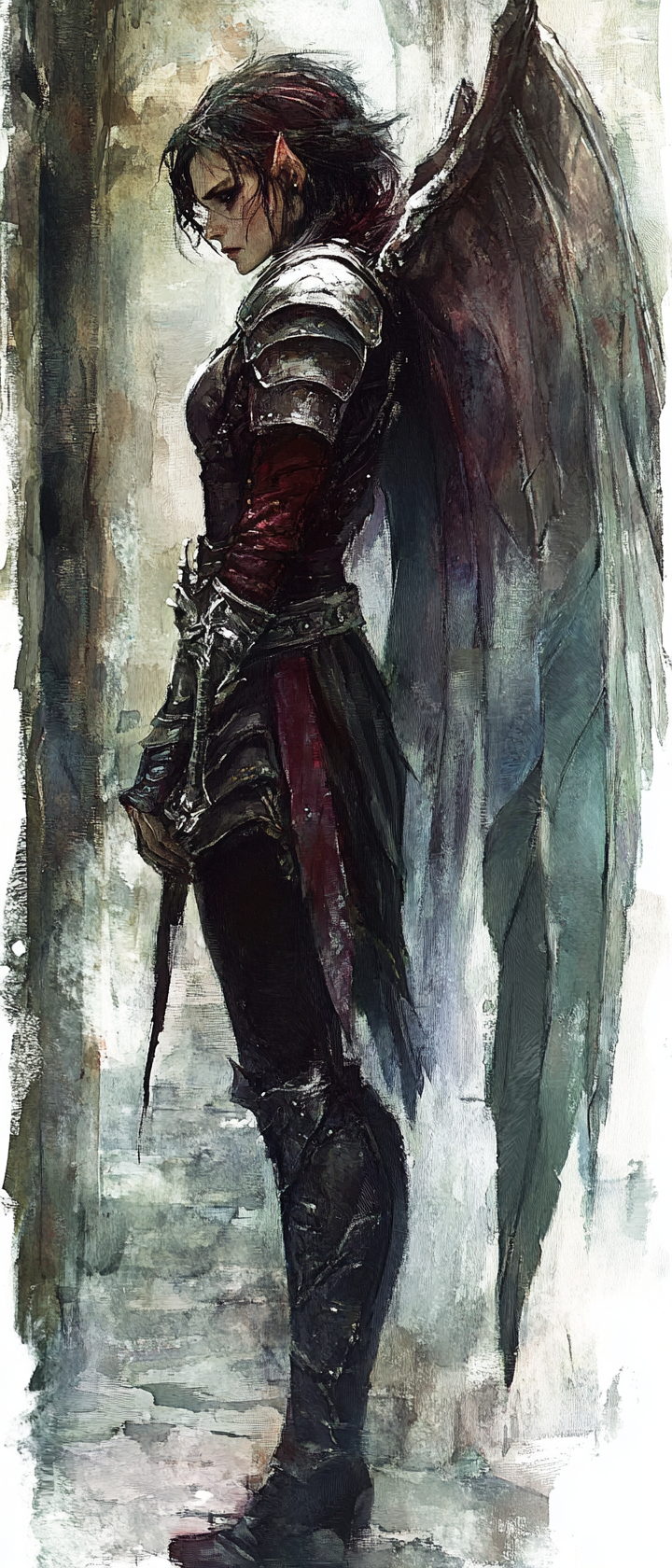 Female fairy rogue in dark leather armor, dagger in hand.