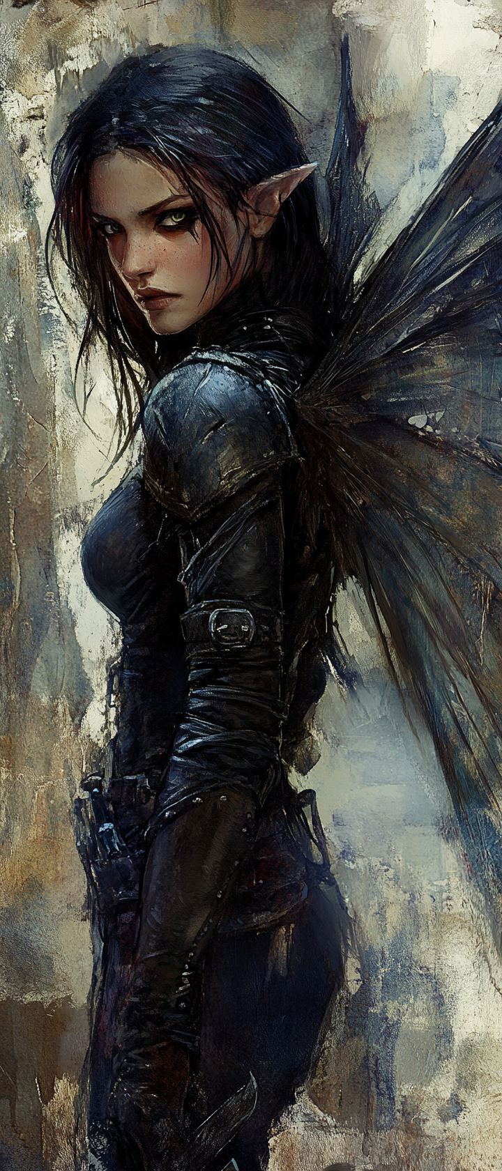 Female fairy rogue in dark leather armor with dagger.