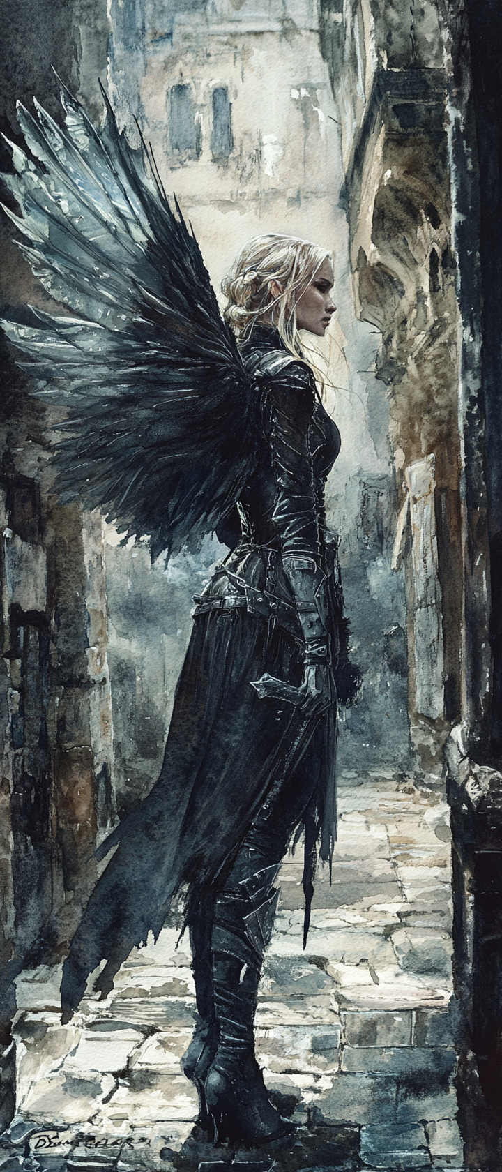 Female fairy rogue in dark leather armor with wings.