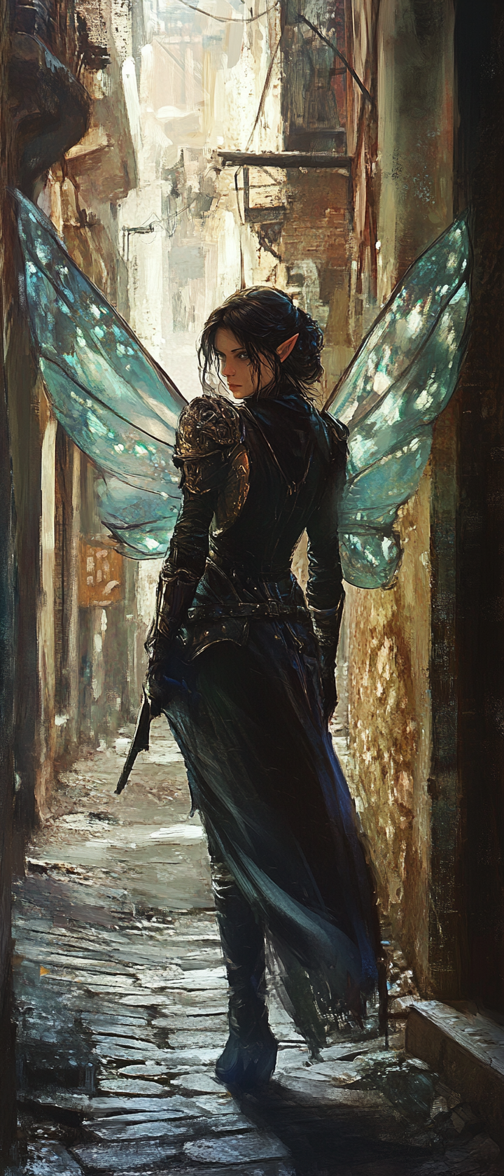 Female fairy rogue sneaking in dark alley, eerie mood.