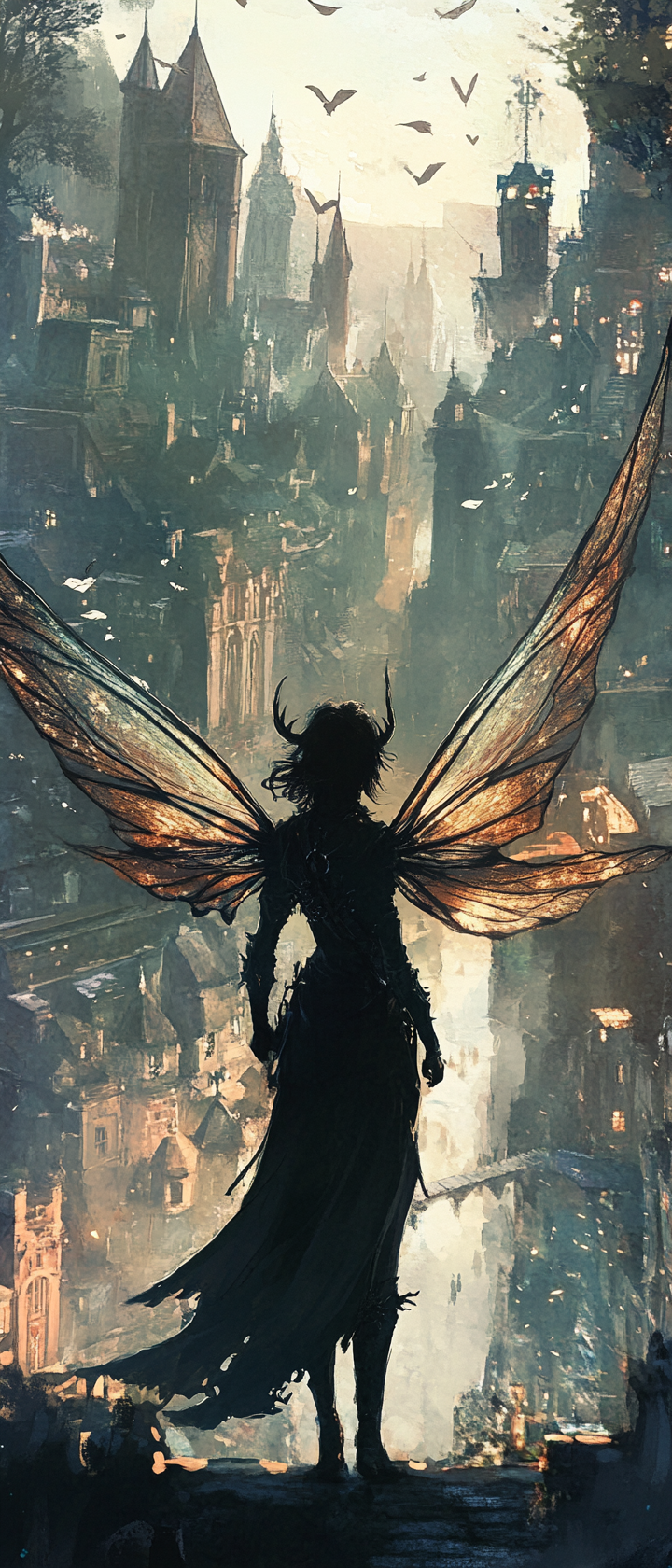 Female fairy with wings exploring eerie medieval cityscape.