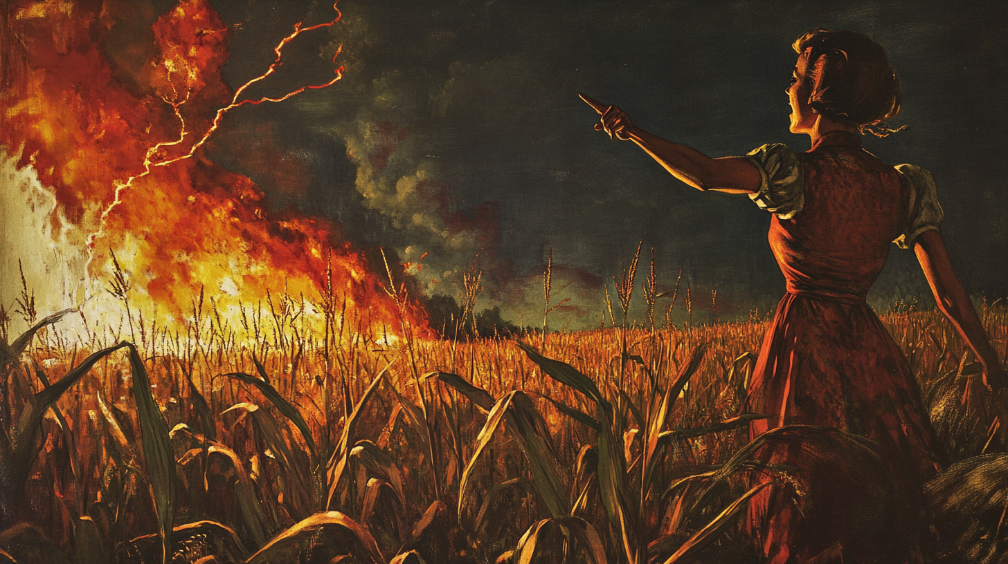 Female farmer pointing at burning corn field in storm.