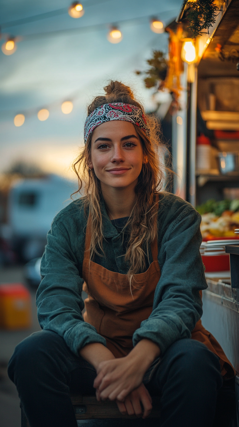 Female food truck owner counts earnings at sunset