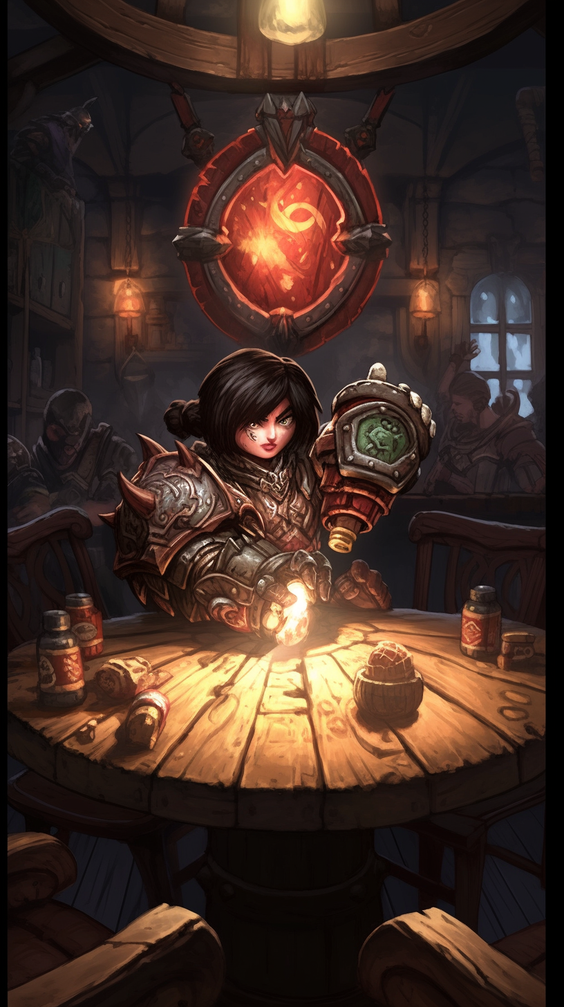 Female gnome in tavern wearing leather armor and scarf.