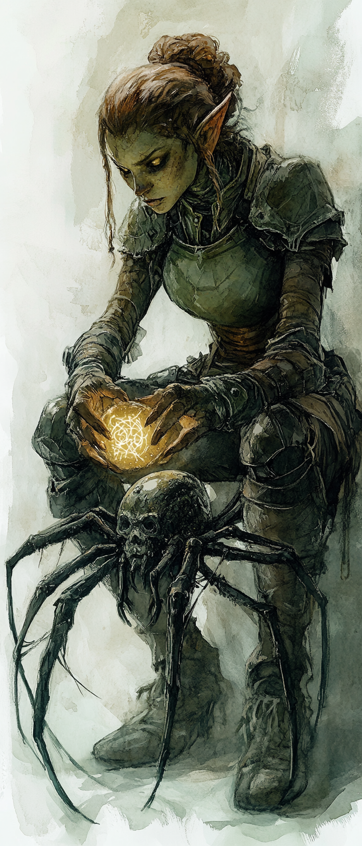 Female goblin tinker carves runes on mechanical spider.