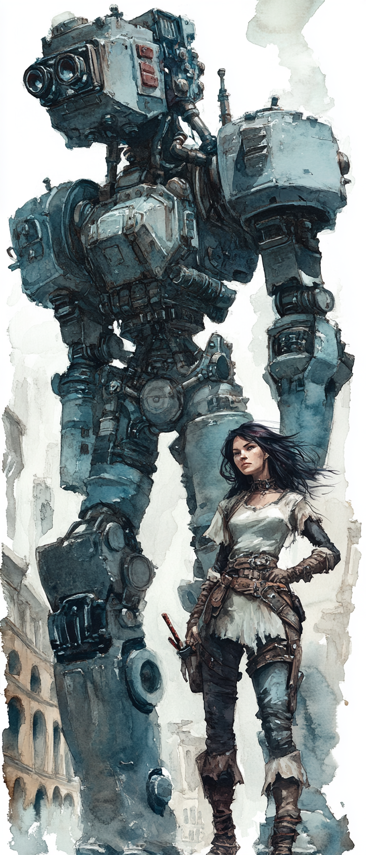 Female half-elf with large construct companion in fantasy setting.