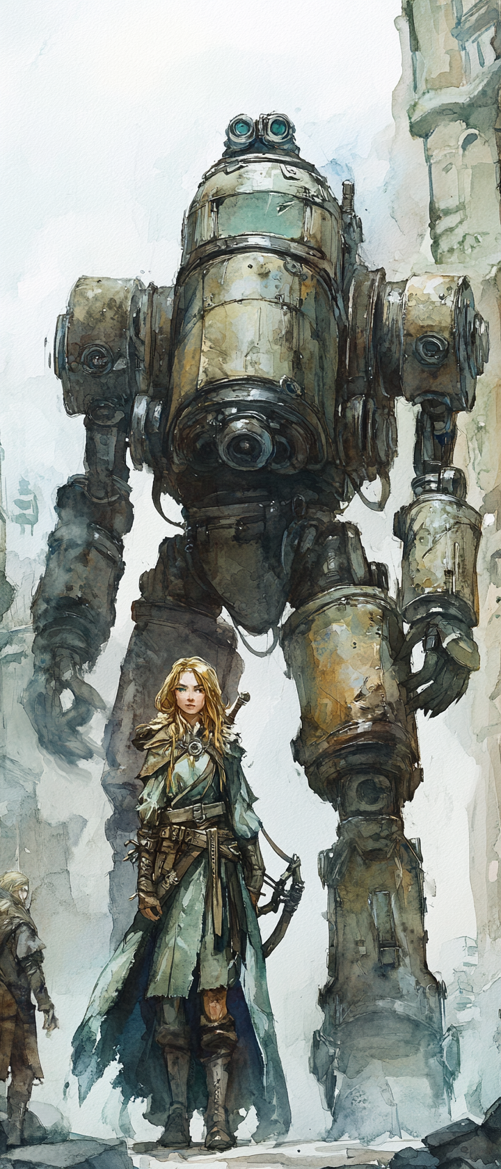 Female half-elf with mechanical companion in ethereal setting.