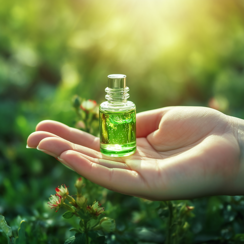 Female hand applying fragrance from tiny vial on wrist 