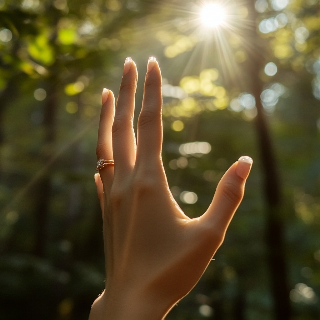 Female hand with fantasy ring in forest, sunlight.