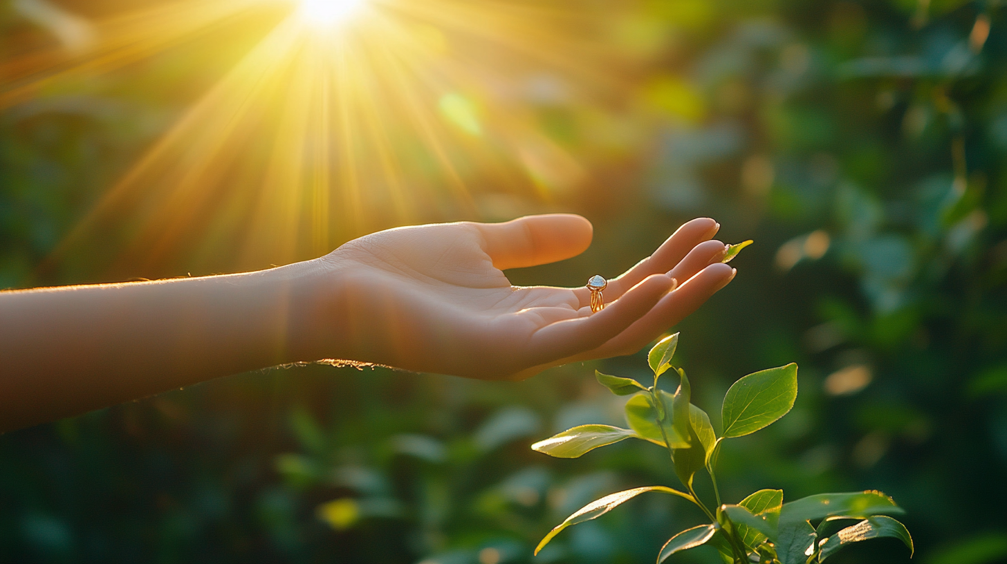 Female hand with fantasy ring supported in nature background.