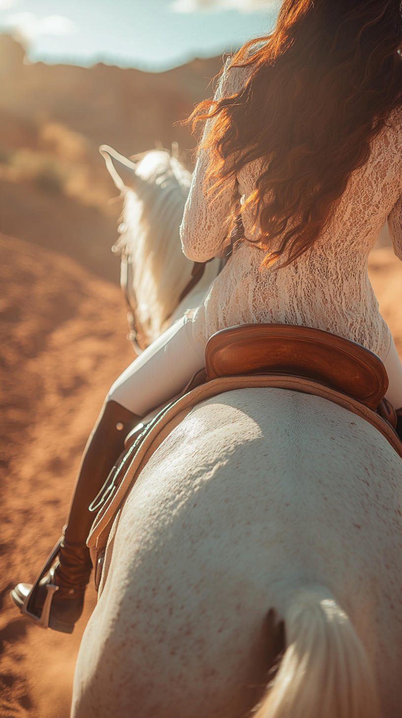 Female hands holding white horse mane, red desert backdrop.