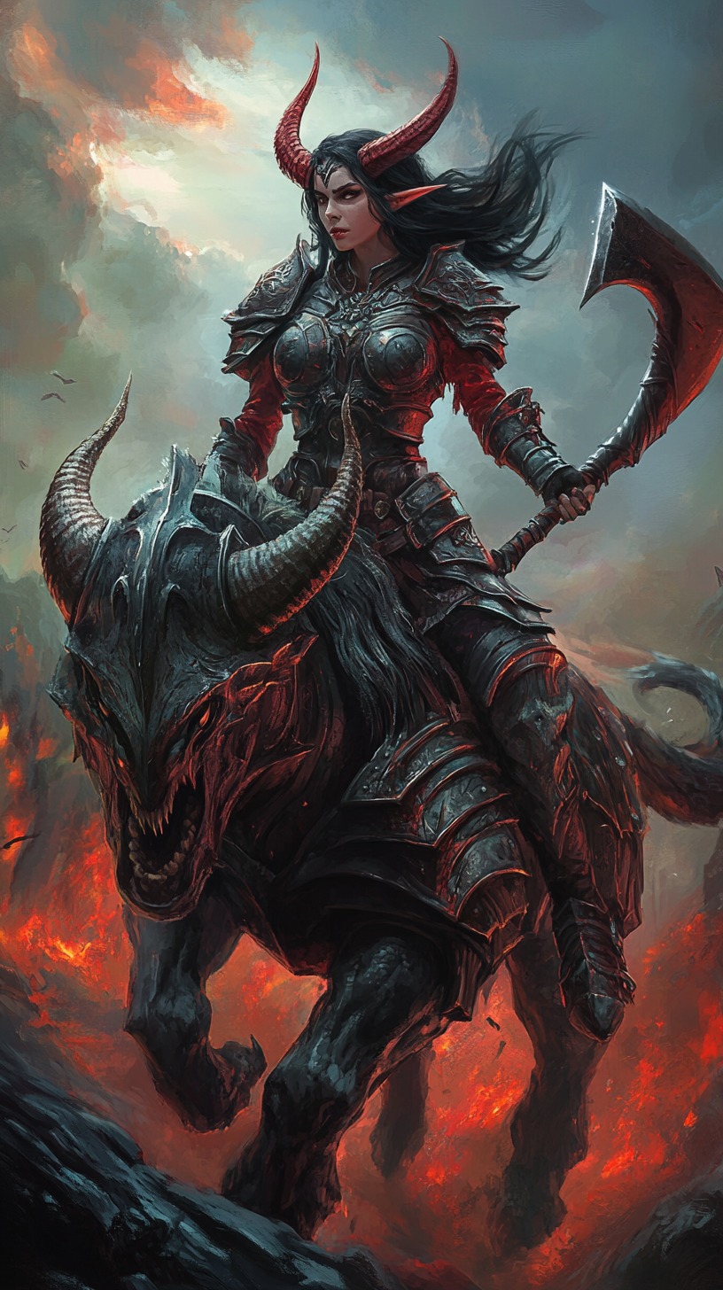 Female humanoid with red skin riding demonic warbeast into battle.