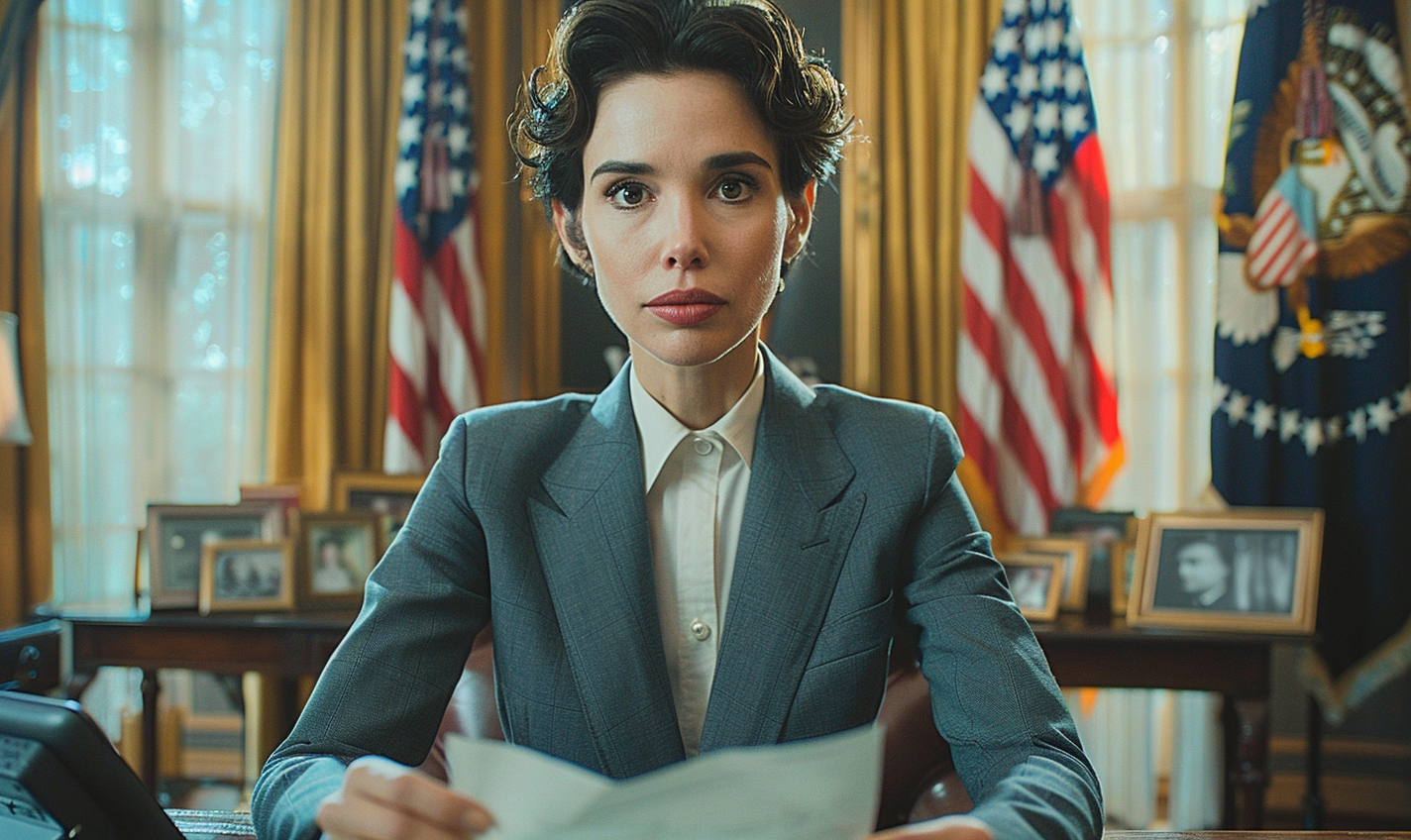 Female in charge in Oval Office signing paper.