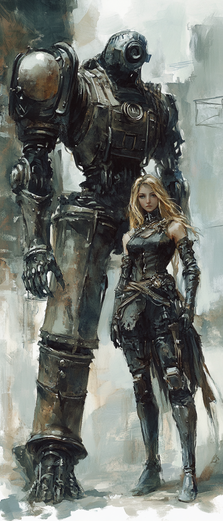 Female in leather armor with mechanical construct companion.