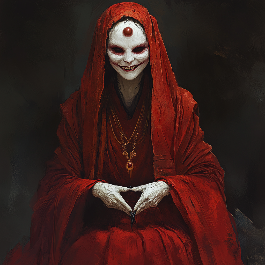 Female in red robe, wide grin, third eye. Claw hands.