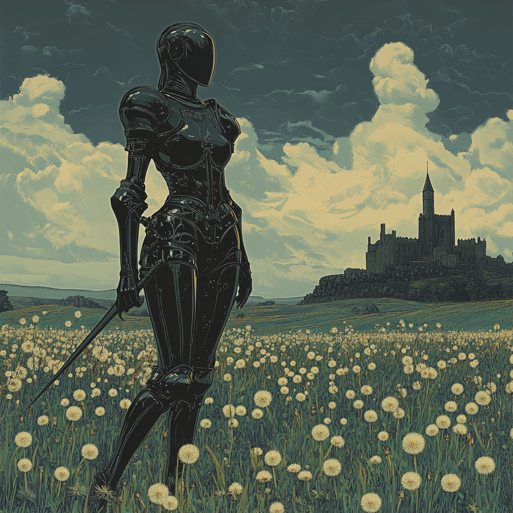 Female knight in black armor walking through dandelion field.