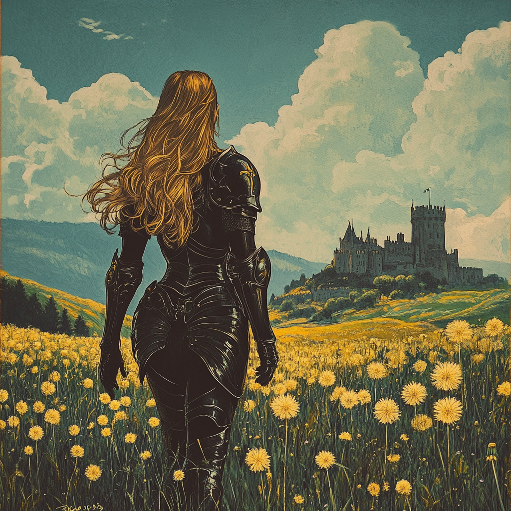 Female knight in black armor walking through dandelions