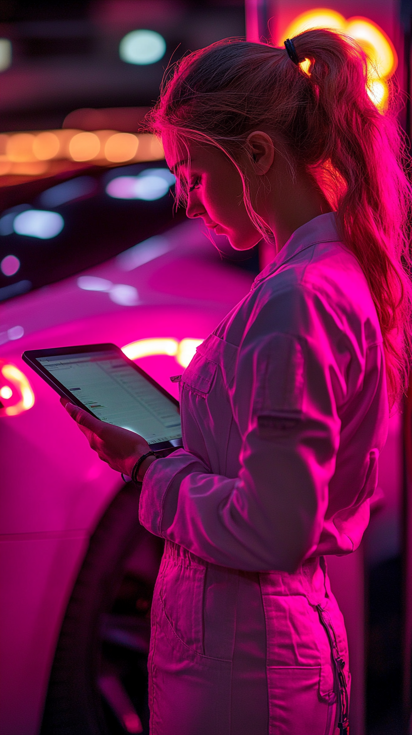 Female mechanic fixing Tesla in brightly lit shop