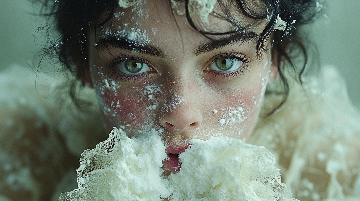 Female models snort white powder, high fashion editorial vibe