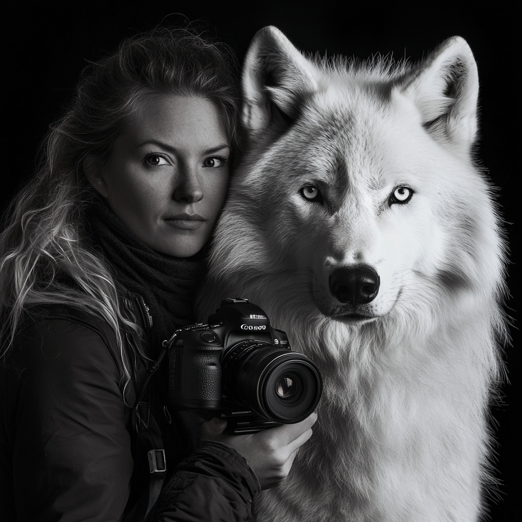 Female nature photographer posing with white wolf in studio.