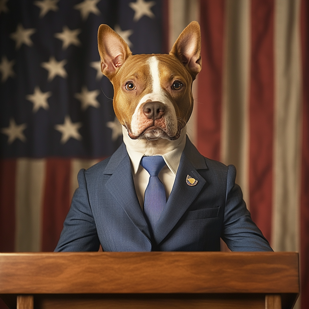 Female pitbull mixed breed dog in blue business suit.