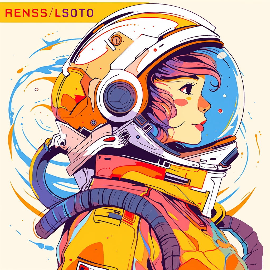 Female retro astronaut in 70s toy helmet, comic cover.