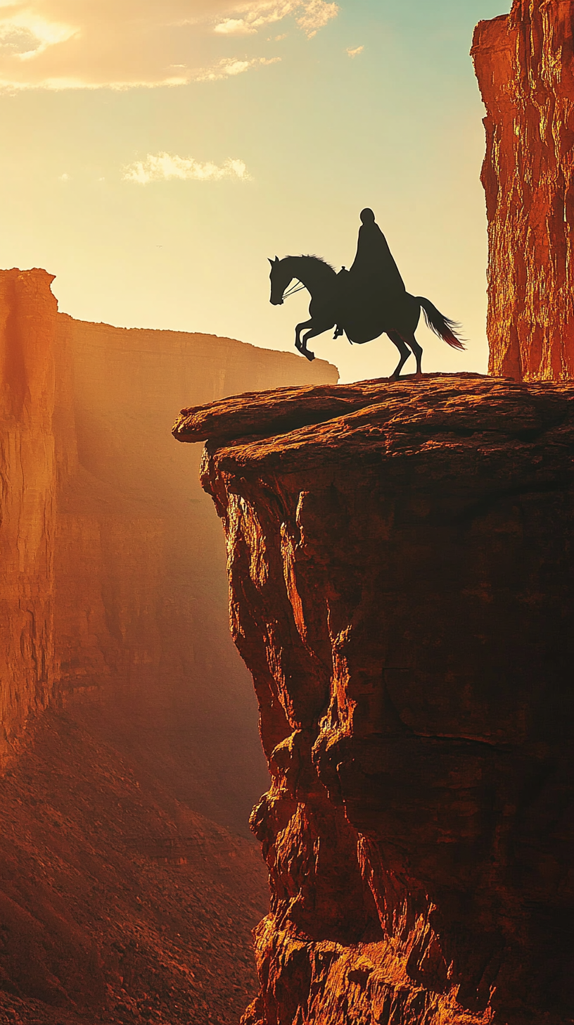 Female rider in cloak jumps horse across red cliff.