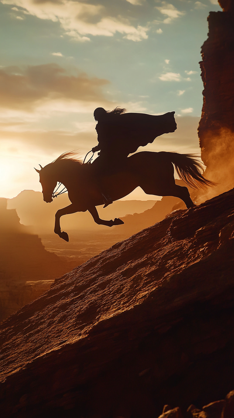 Female rider jumping horse over red rock ravine silhouette.