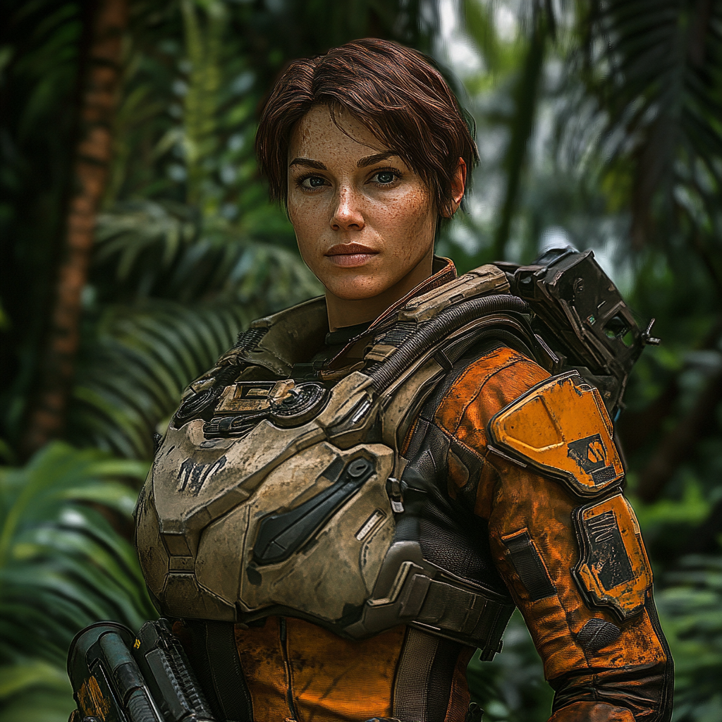 Female sci-fi warrior in jungle with rifle.