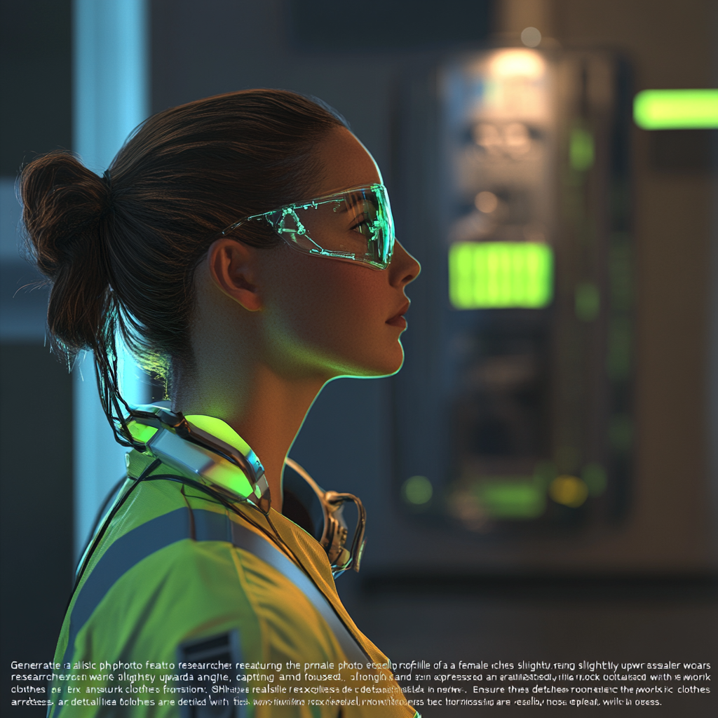 Female scientist in detailed work clothes, looking thoughtful.