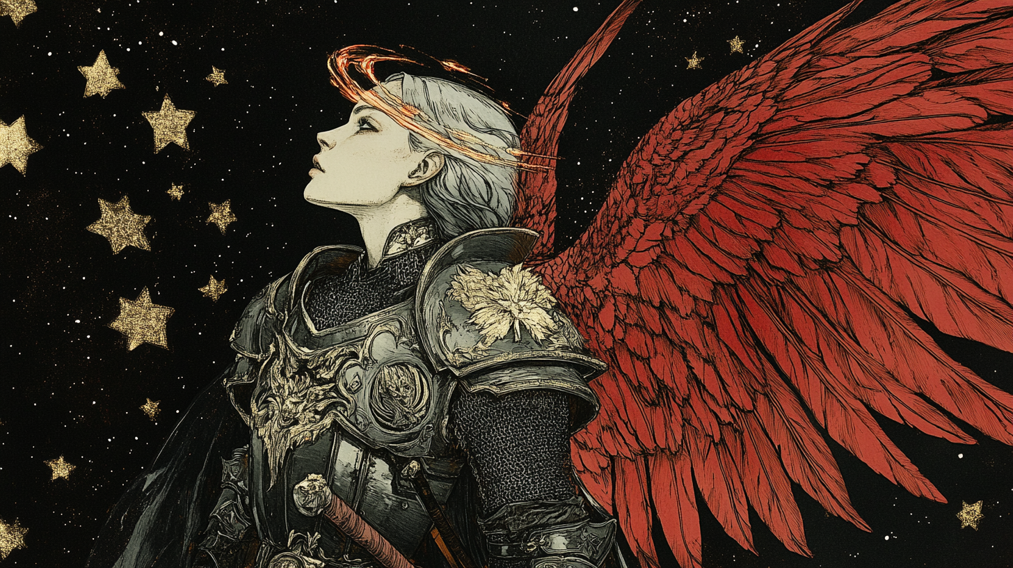 Female seraph wearing armor, fiery halo, red wings, stars.