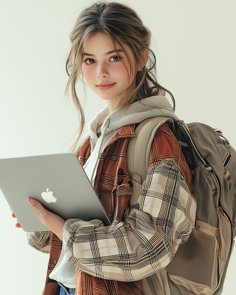 Female student with laptop in casual attire, smiling.