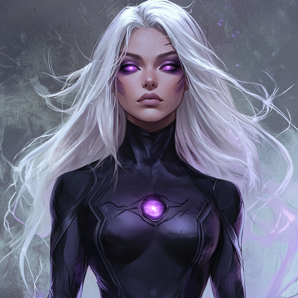 Female superhero in black and purple comic costume