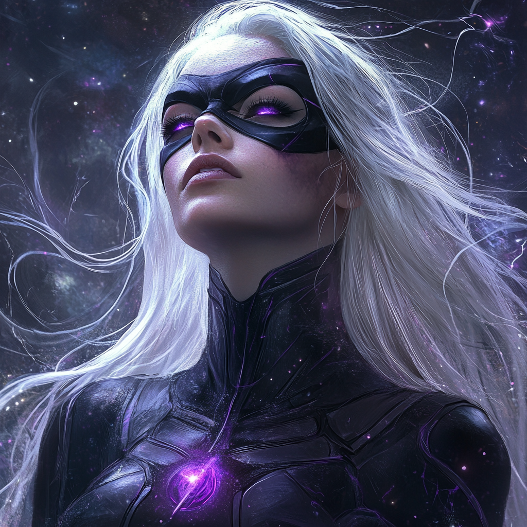 Female superhero in black and purple costume, no mask 