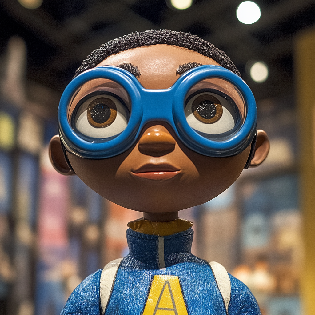 Female superhero puppet with big eyes, blue goggles costume