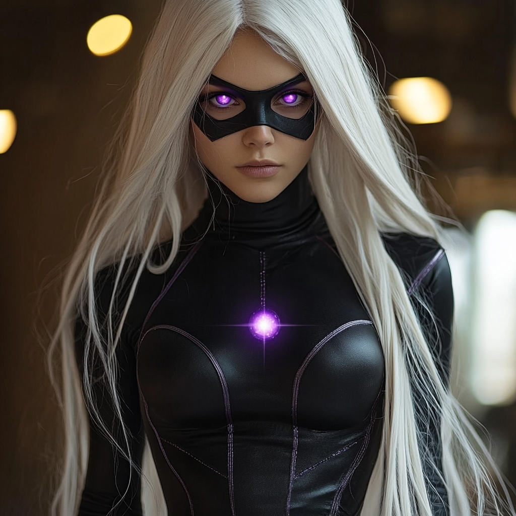 Female superhero without mask in black and purple costume