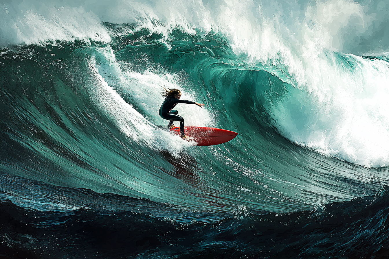 Female surfer riding big wave in black wetsuit.