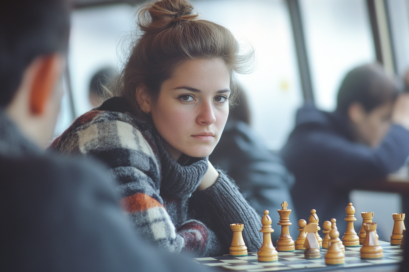 Female teacher playing chess on train, looking at camera.