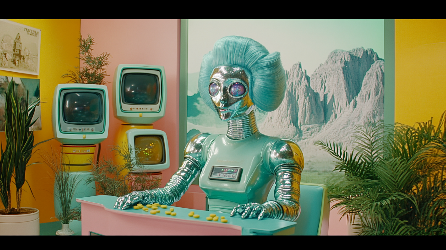 Female televangelist chrome robot with human wig hair.