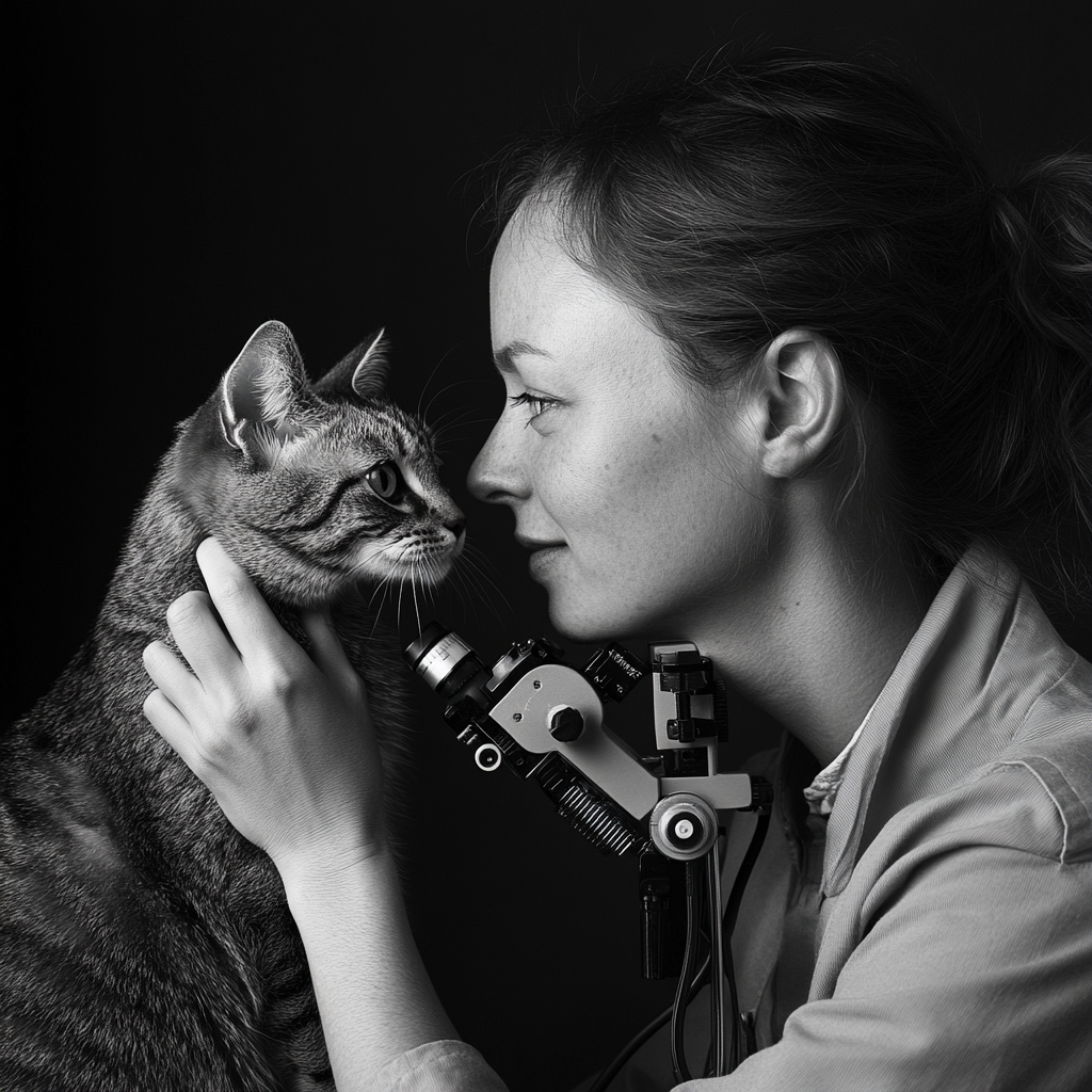 Female vet examining cat with stethoscope in clinic.