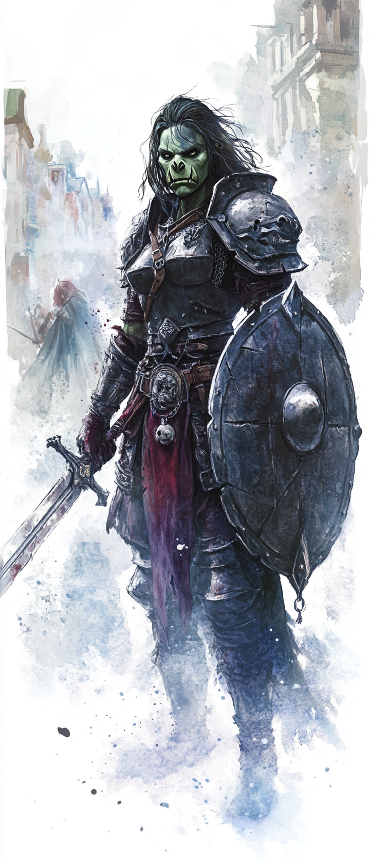 Female warrior in heavy armor holding sword and shield.