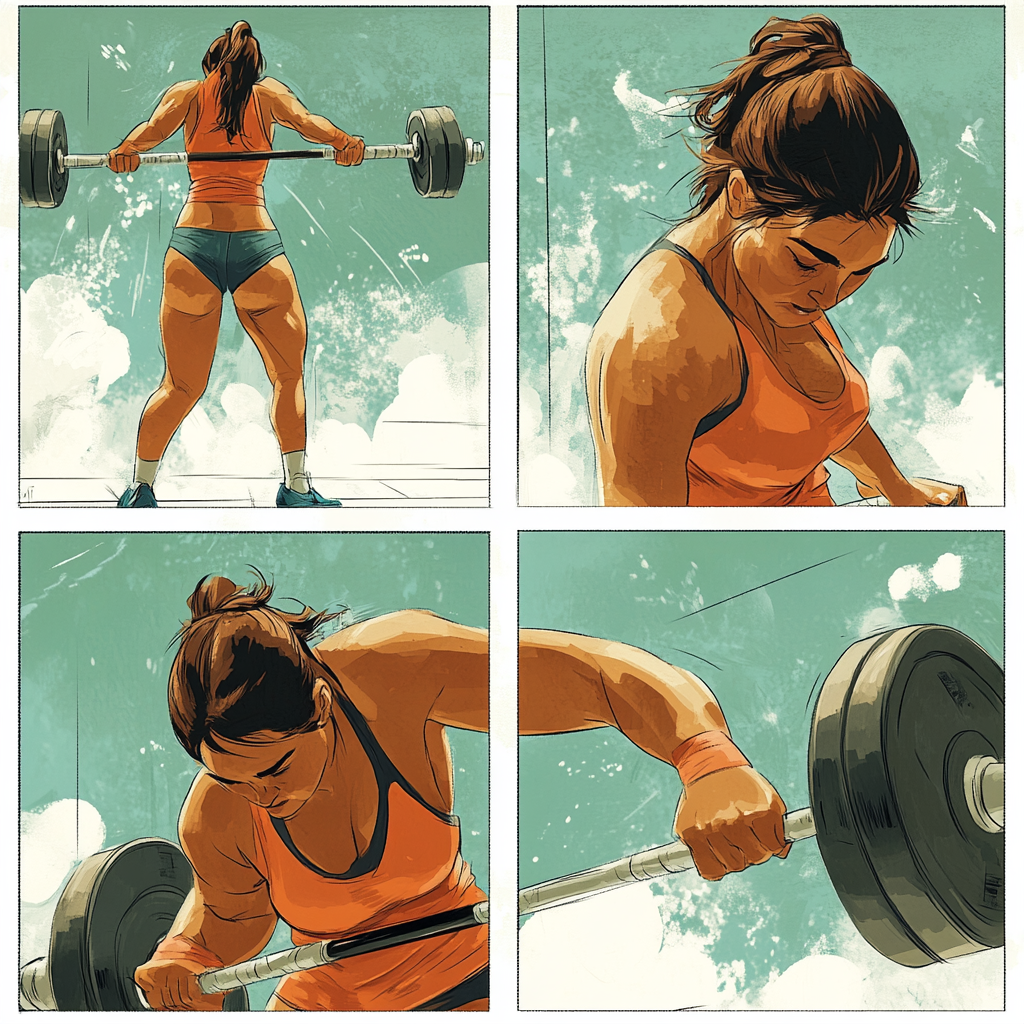 Female weight lifter in exciting comic panels. Intense moments showcased.