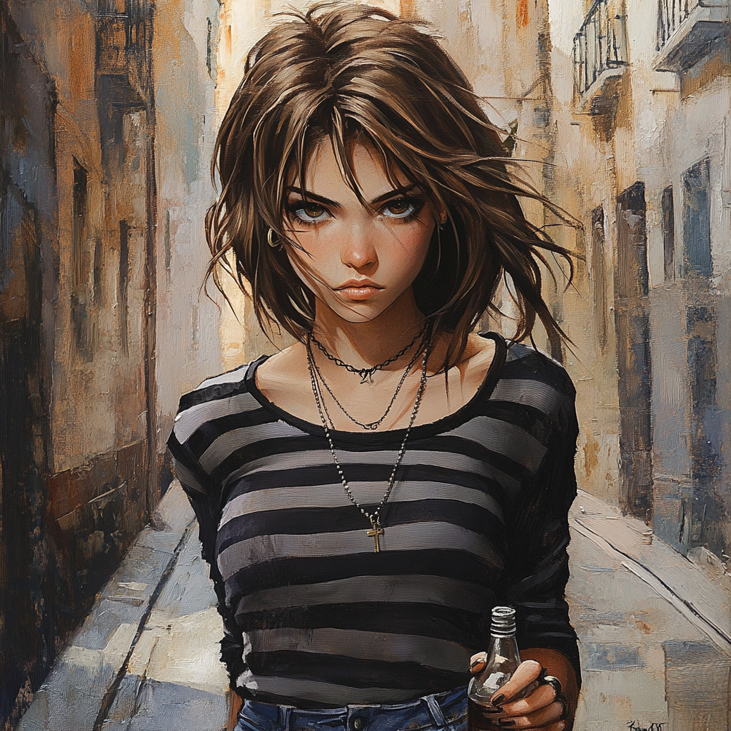 Female with brown spiky hair in grunge style.