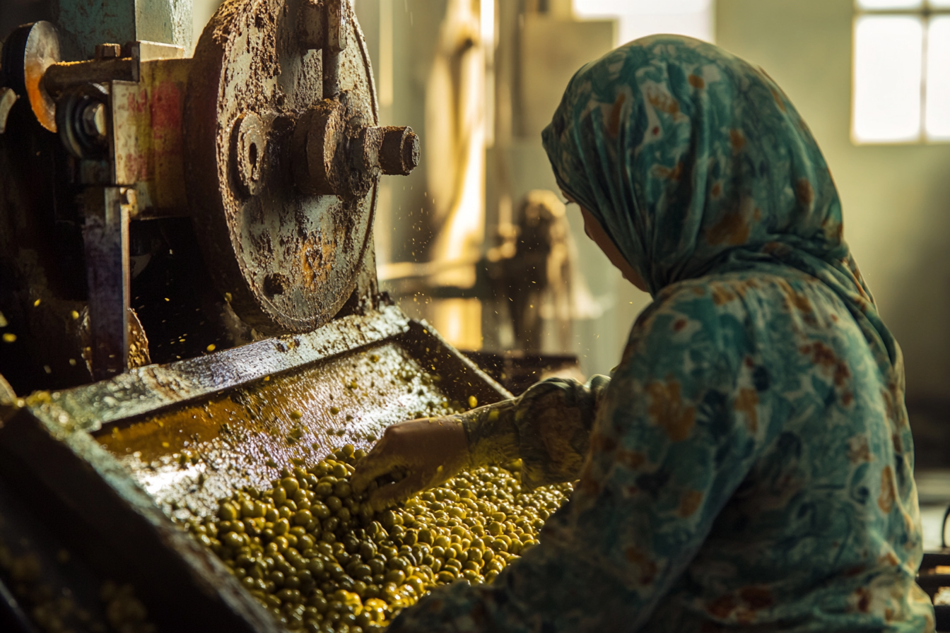 Female workers crush olives into green paste.