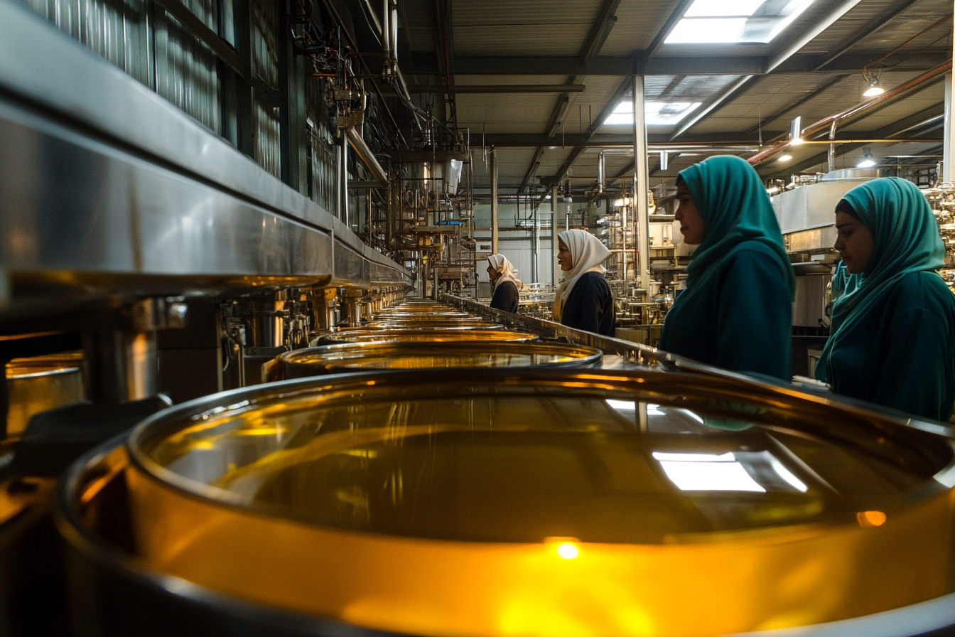 Female workers in hijabs monitor efficient oil extraction.