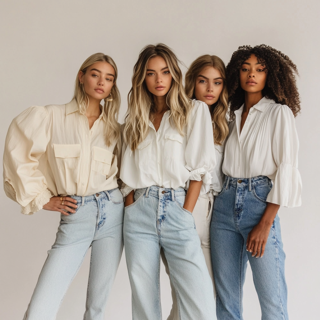 Feminine models in contemporary denim jeans for fall season 