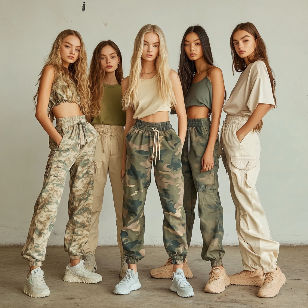 Feminine models in slim ankle pants, army green fall fashion 