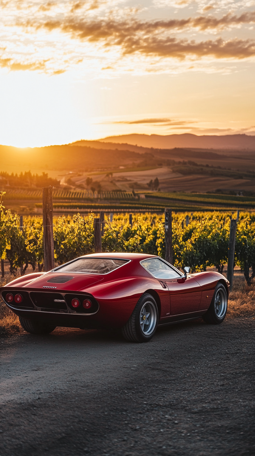 Ferrari Daytona SP3 parked near vineyard, sunset mountains backdrop